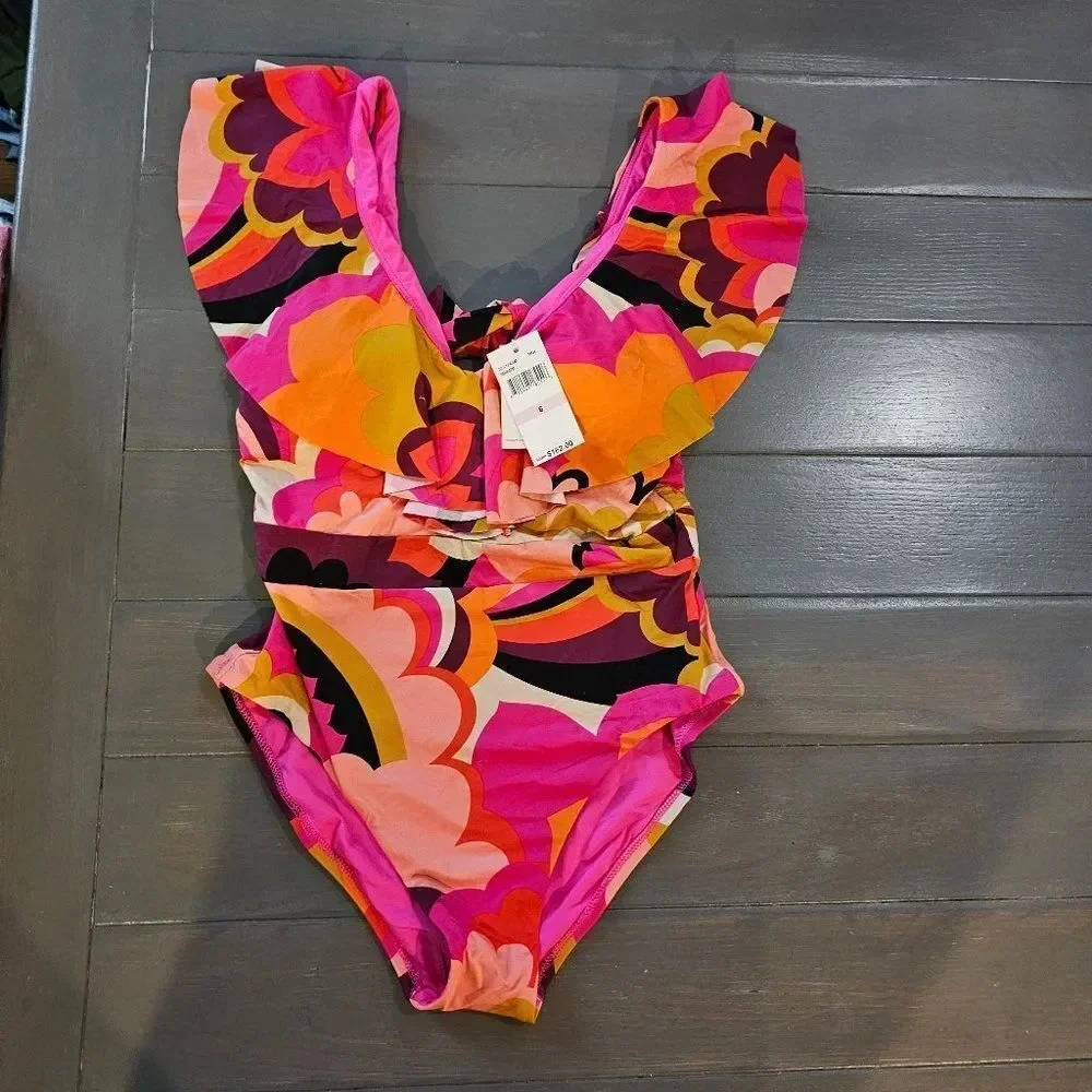 Trina Turk Women's Fan Faire Ruffled Plunge One-Piece Swimsuit Size 14